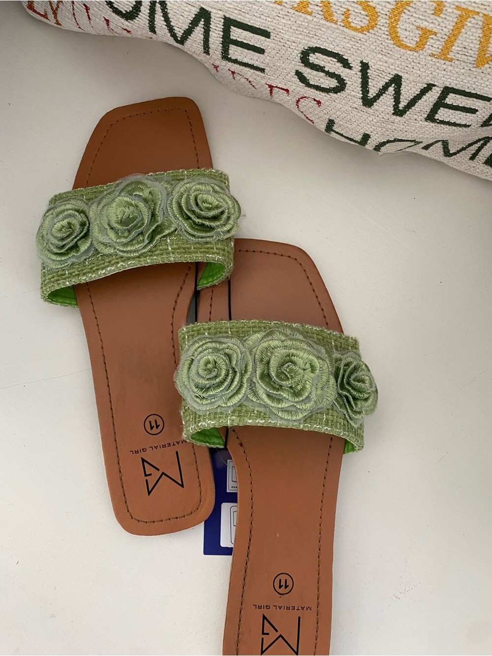 Material Girl Light Green Floral Rosette Slide Sandals
